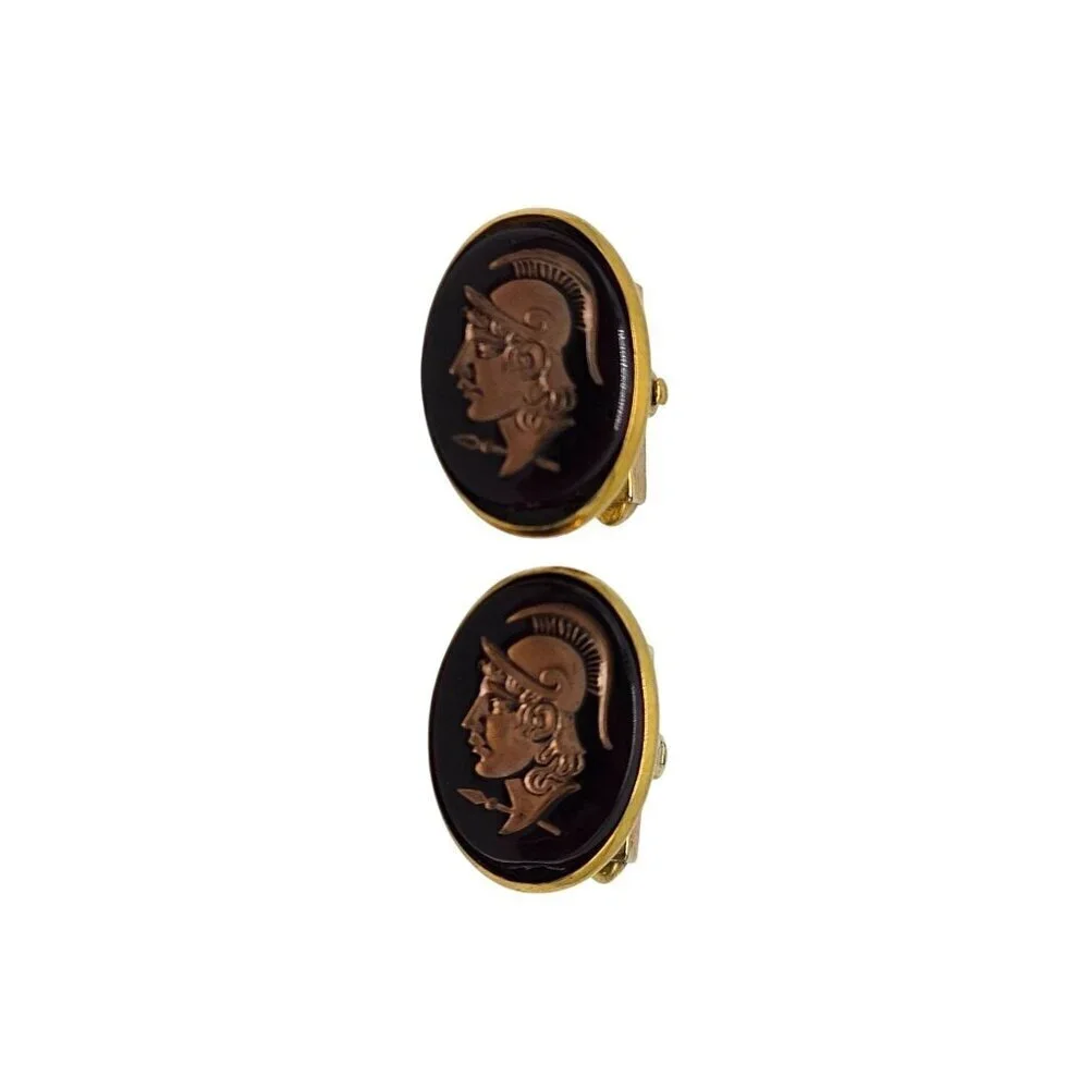Vintage Roman Trojan Soldier Cufflinks Gold Brown Lucite 0.52 Inch Diameter